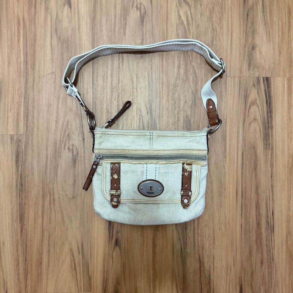 Fossil Tan Canvas Fabric Crossbody Purse Shoulder Bag Handbag